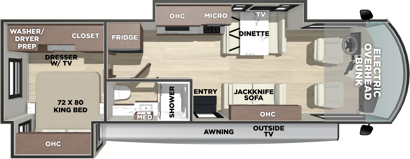 The FR3 31DS floorplan has one entry and zero slide outs. Exterior features include: 16' awning and outside entertainment. Interiors features include: rear bedroom, bunk over cab and dinette.
